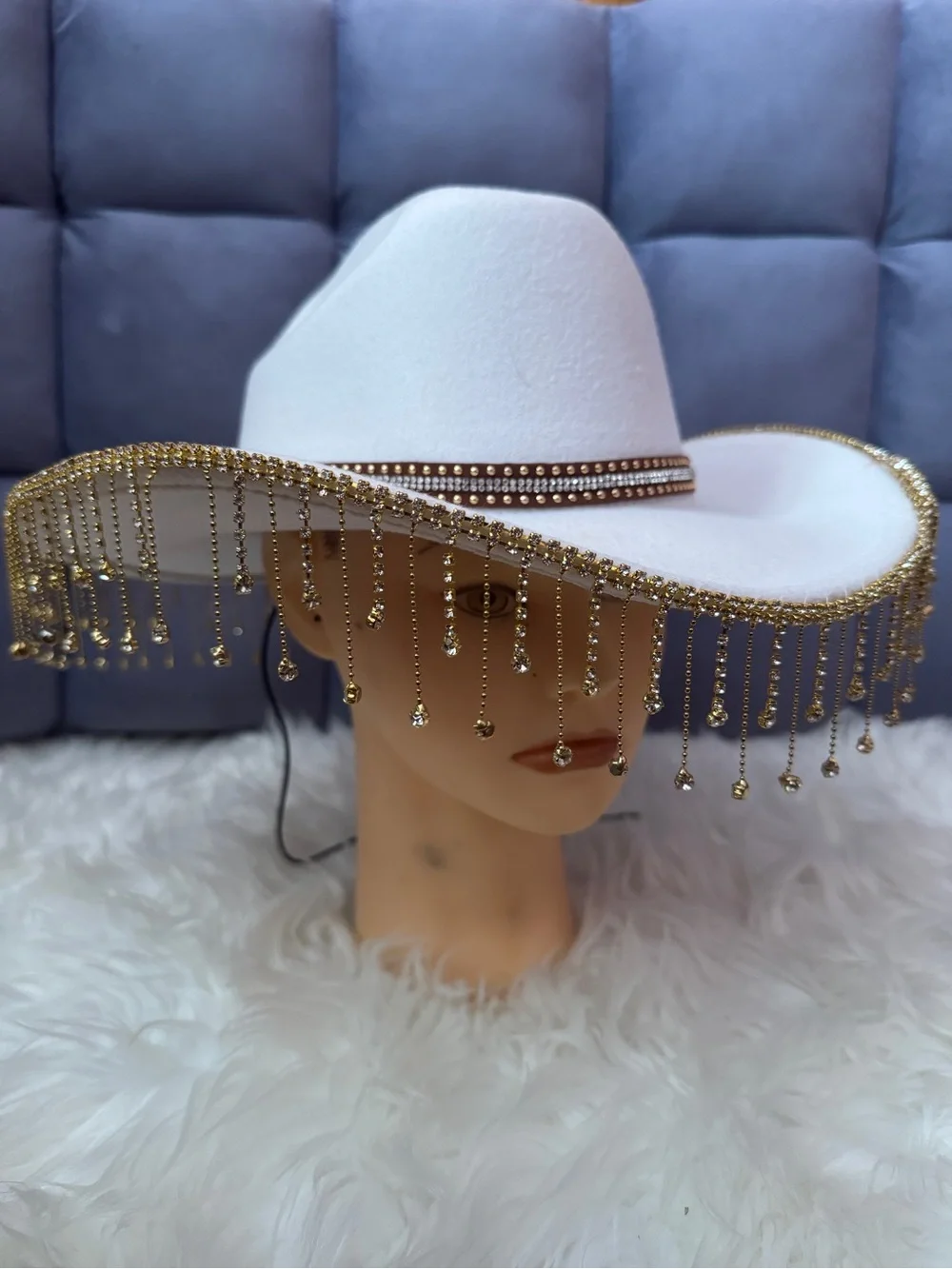 Stetson White Cowboy Hat with Gold Beaded Fringe